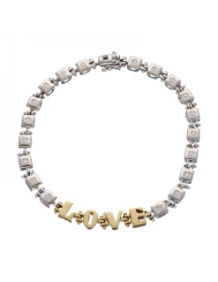 Pulsera de Oro blanco y amarillo, con eslabones cuadrados, palabra LOVE y Brillantes