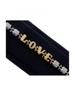 Pulsera de Oro blanco y amarillo, con eslabones cuadrados, palabra LOVE y Brillantes