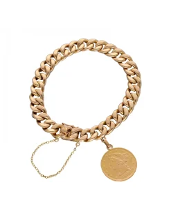 Pulsera de Oro con diseño de eslabones y Moneda antigua dólar
