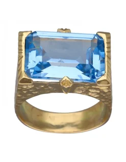 Sello de Oro amarillo con diseño cuadrado y piedra Aguamarina
