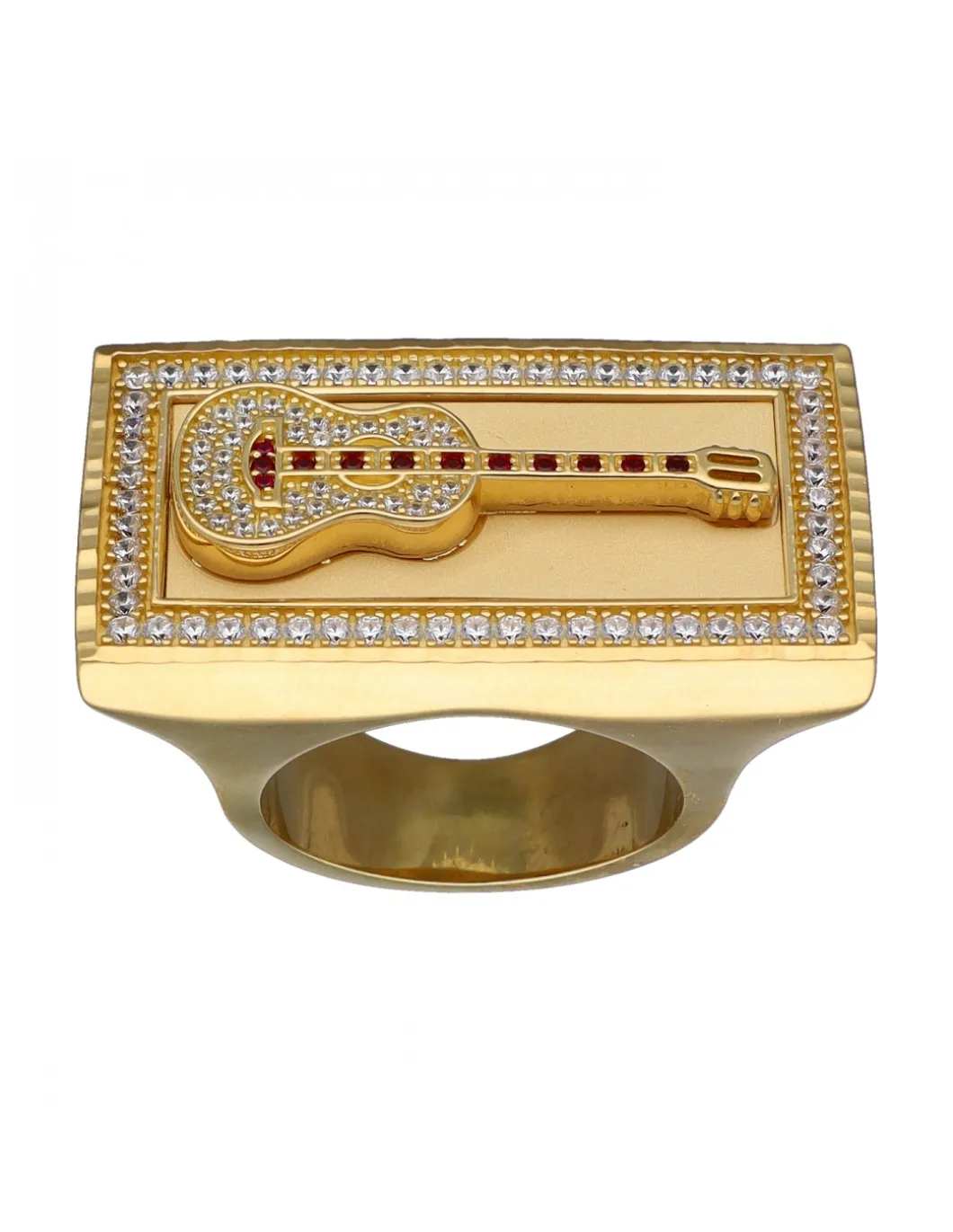 Sello de Oro amarillo con diseño rectangular, Guitarra, Rubíes y Circonitas