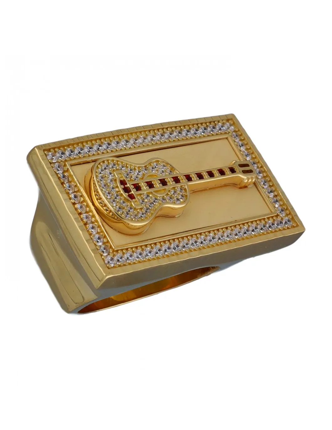 Sello de Oro amarillo con diseño rectangular, Guitarra, Rubíes y Circonitas