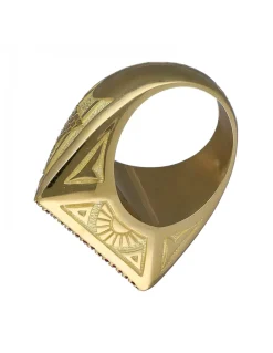 Sello de Oro amarillo con diseño triangular Iluminati, Ojo con Zafiro y Triangulo de Rubíes