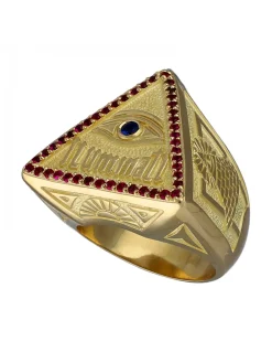 Sello de Oro amarillo con diseño triangular Iluminati, Ojo con Zafiro y Triangulo de Rubíes