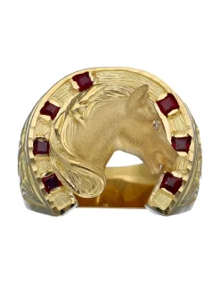 Sello de Oro amarillo con diseño de cabeza de Caballo, Herradura, Circonita y Rubies