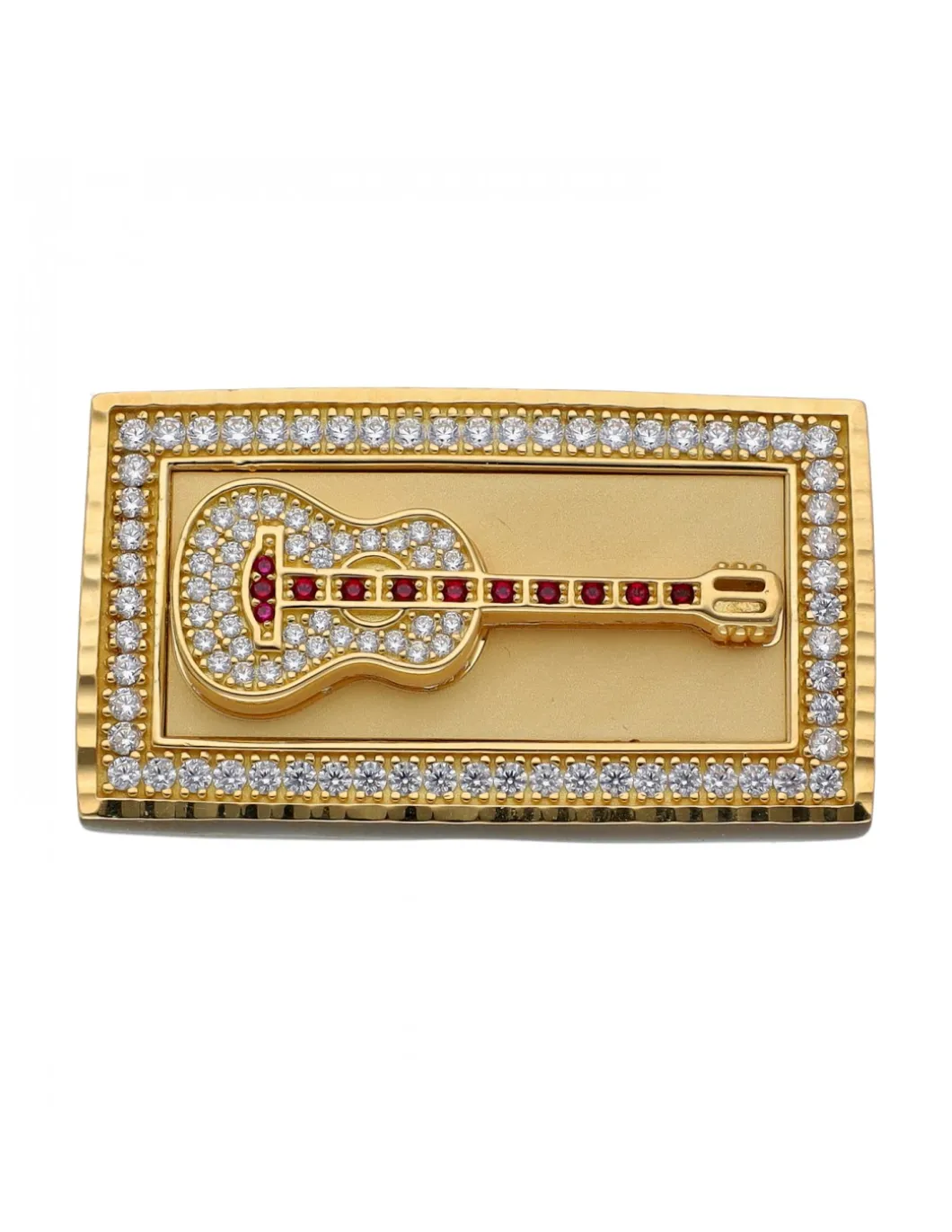 Sello de Oro amarillo con diseño rectangular, Guitarra, Rubíes y Circonitas