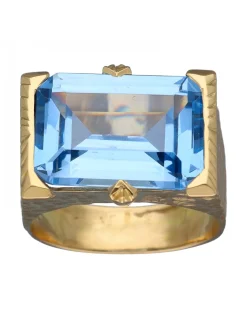 Sello de Oro amarillo con diseño cuadrado y piedra Aguamarina