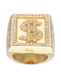 Sello de Oro amarillo 18K con diseño cuadrado, Signo de Dólar y Circonitas