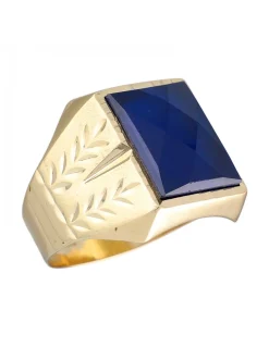 Sello de Oro amarillo 18K con diseño cuadrado y Piedra Sintética azul