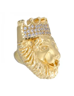 Sello de Oro amarillo 18K con diseño cara de León con corona y Circonitas