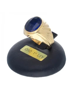 Sello de oro amarillo 18K con diseño y piedra sintética azul