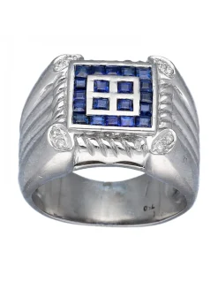Sello de Oro blanco con diseño cuadrado, Brillantes y piedras Sintéticas azules